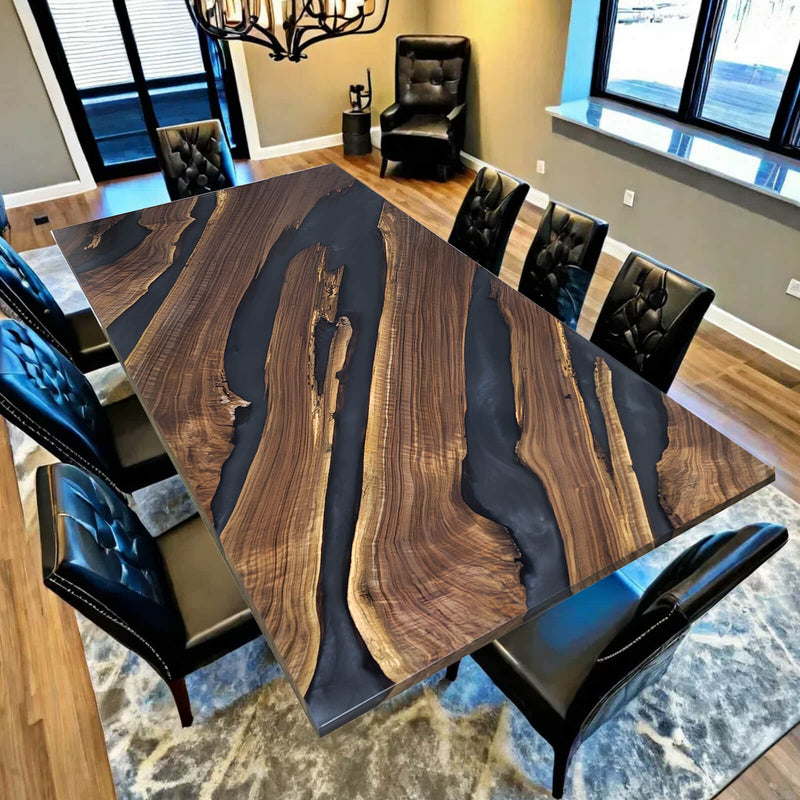 Custom Black Walnut Epoxy Resin River Table Gray Resin BRT-35