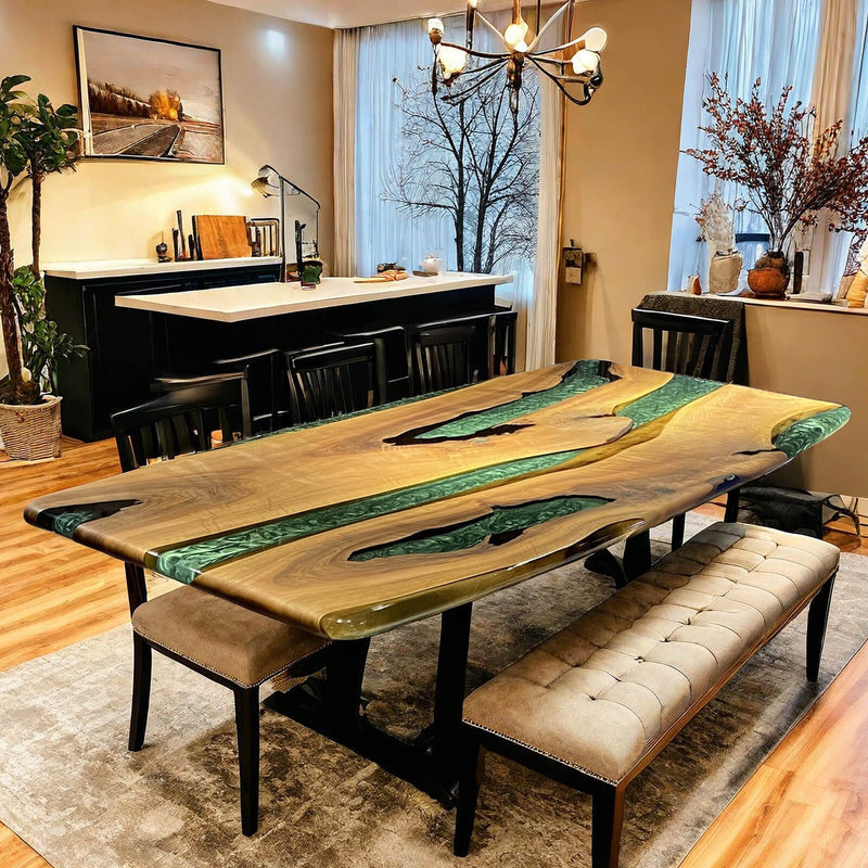 Custom Black Walnut Epoxy Resin River Table Green Resin BRT-25