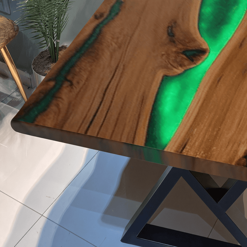 Custom Black Walnut Epoxy Resin River Table Green Resin With Led Lights BRT-01
