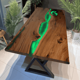 Custom Black Walnut Epoxy Resin River Table Green Resin With Led Lights BRT-01