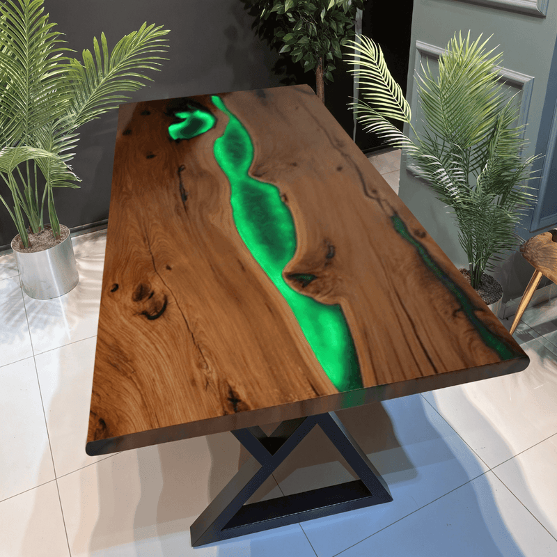 Custom Black Walnut Epoxy Resin River Table Green Resin With Led Lights BRT-01