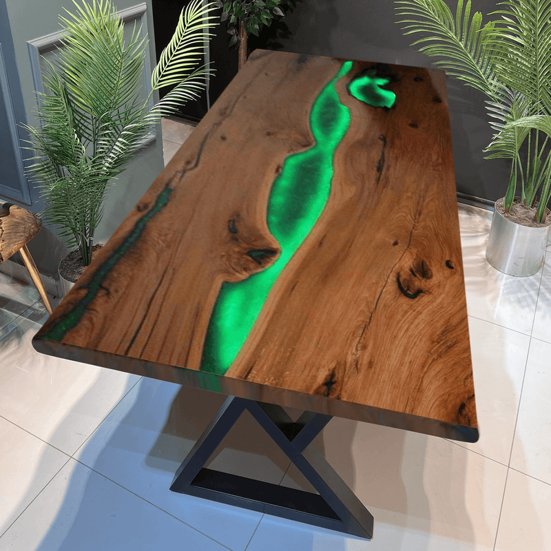 Custom Black Walnut Epoxy Resin River Table Green Resin With Led Lights BRT-01