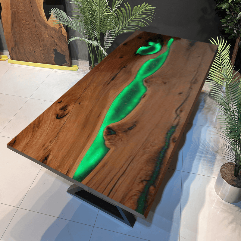Custom Black Walnut Epoxy Resin River Table Green Resin With Led Lights BRT-01