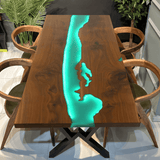 Custom Black Walnut Epoxy Resin River Table Green Resin With Led Lights BRT-02