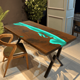 Custom Black Walnut Epoxy Resin River Table Green Resin With Led Lights BRT-02
