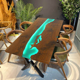 Custom Black Walnut Epoxy Resin River Table Green Resin With Led Lights BRT-02