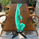 Custom Black Walnut Epoxy Resin River Table Green Resin With Led Lights BRT-02