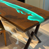 Custom Black Walnut Epoxy Resin River Table Green Resin With Led Lights BRT-02