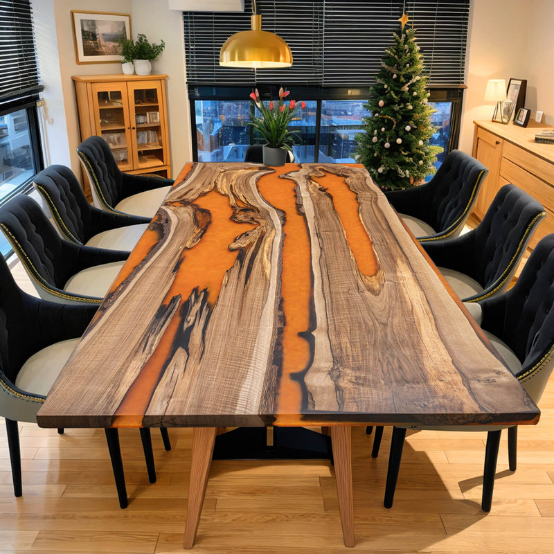 Custom Black Walnut Epoxy Resin River Table Orange Resin BRT-77