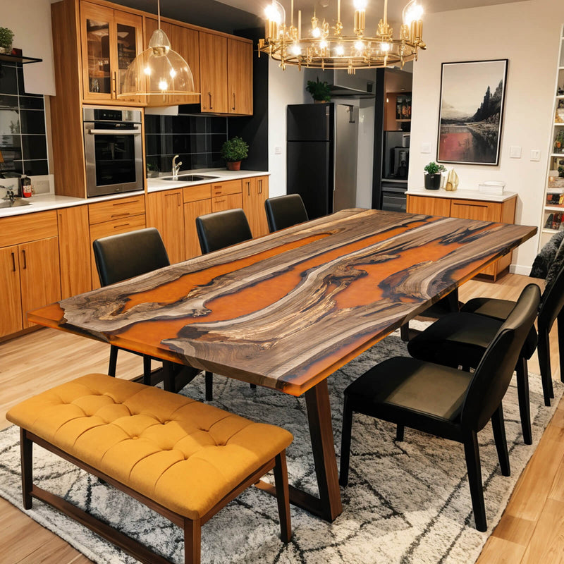 Custom Black Walnut Epoxy Resin River Table Orange Resin BRT-77