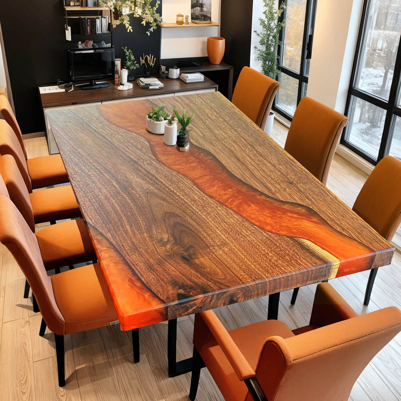 Custom Black Walnut Epoxy Resin River Table Orange Resin BRT-10