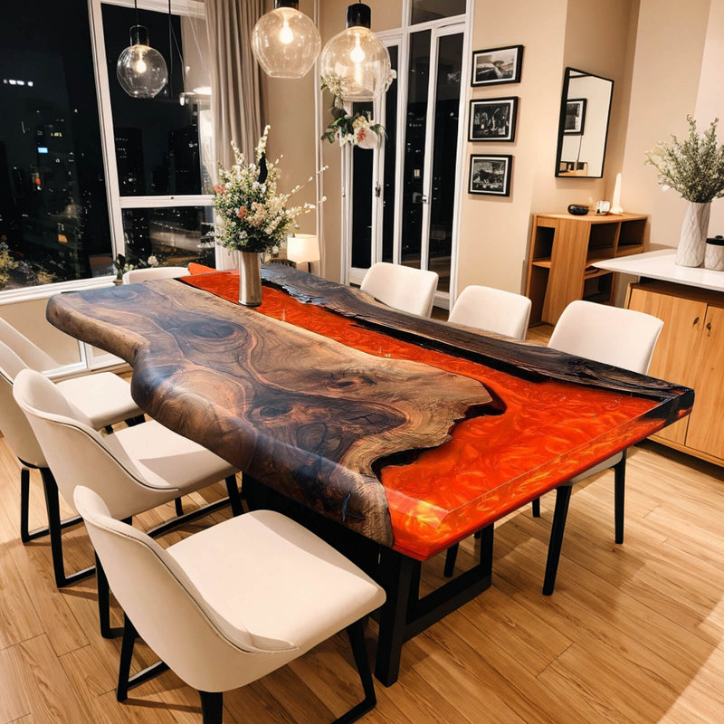 Custom Black Walnut Epoxy Resin River Table Orange Resin BRT-08
