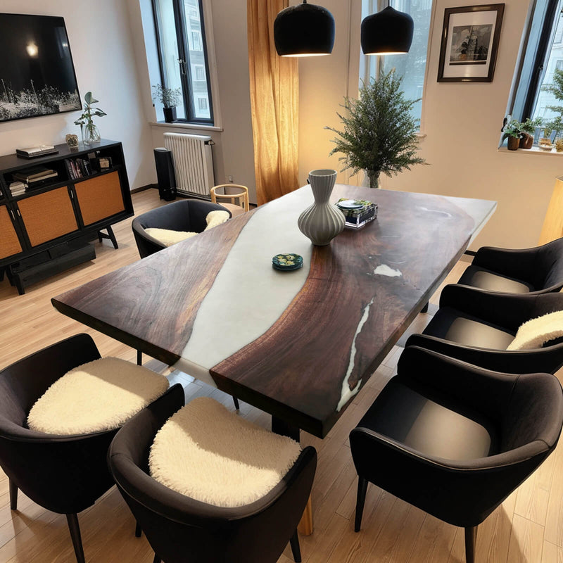Custom Black Walnut Epoxy Resin River Table White Resin BRT-17