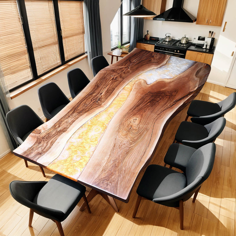 Custom Walnut Epoxy Resin River Table White and Gold Resin WRT-23