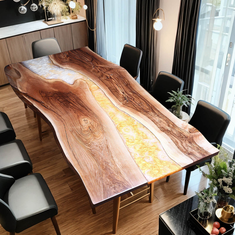Custom Walnut Epoxy Resin River Table White and Gold Resin WRT-23