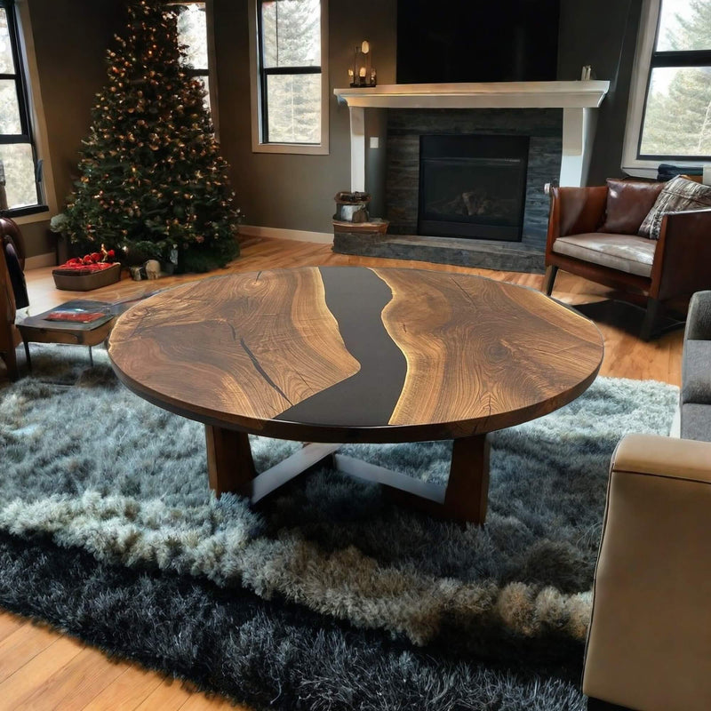 Custom Black Walnut Epoxy Resin Round Coffee Table Black Resin CRT-81