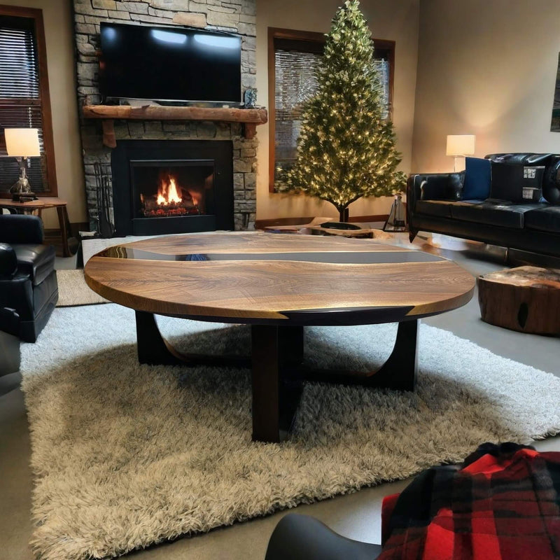 Custom Black Walnut Epoxy Resin Round Coffee Table Black Resin CRT-81