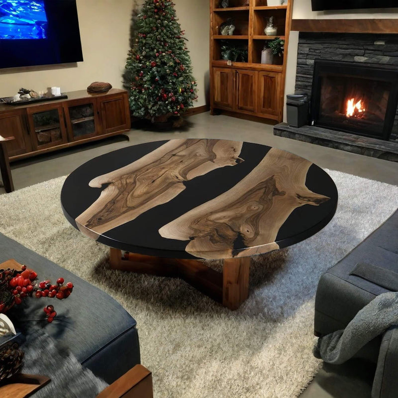 Custom Black Walnut Epoxy Resin Round Coffee Table Black Resin CRT-82