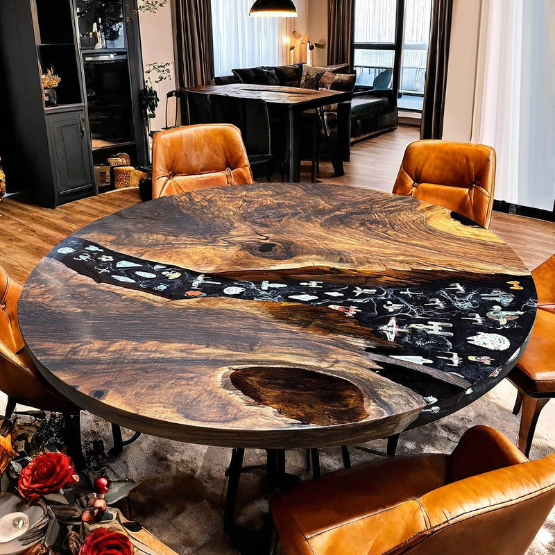 Custom Black Walnut Epoxy Resin Round Coffee Table Black Resin CRT-79