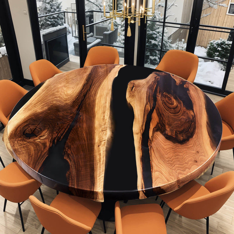 Custom Black Walnut Epoxy Resin Round Coffee Table Black Resin CRT-69