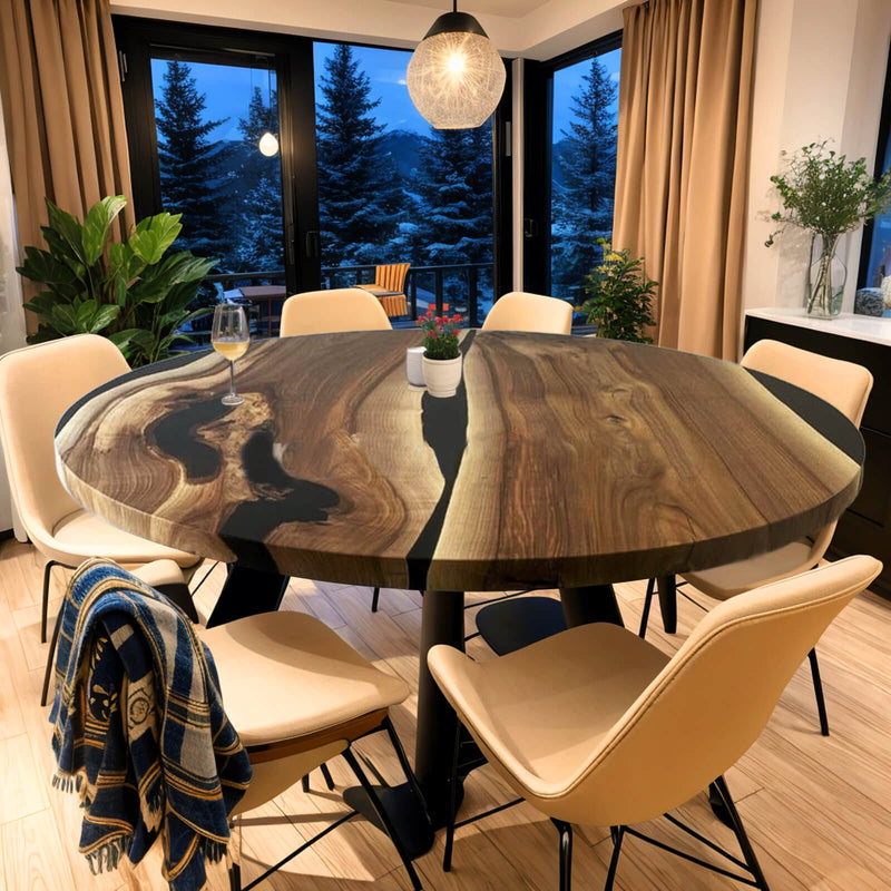 Custom Black Walnut Epoxy Resin Round Coffee Table Black Resin CRT-72