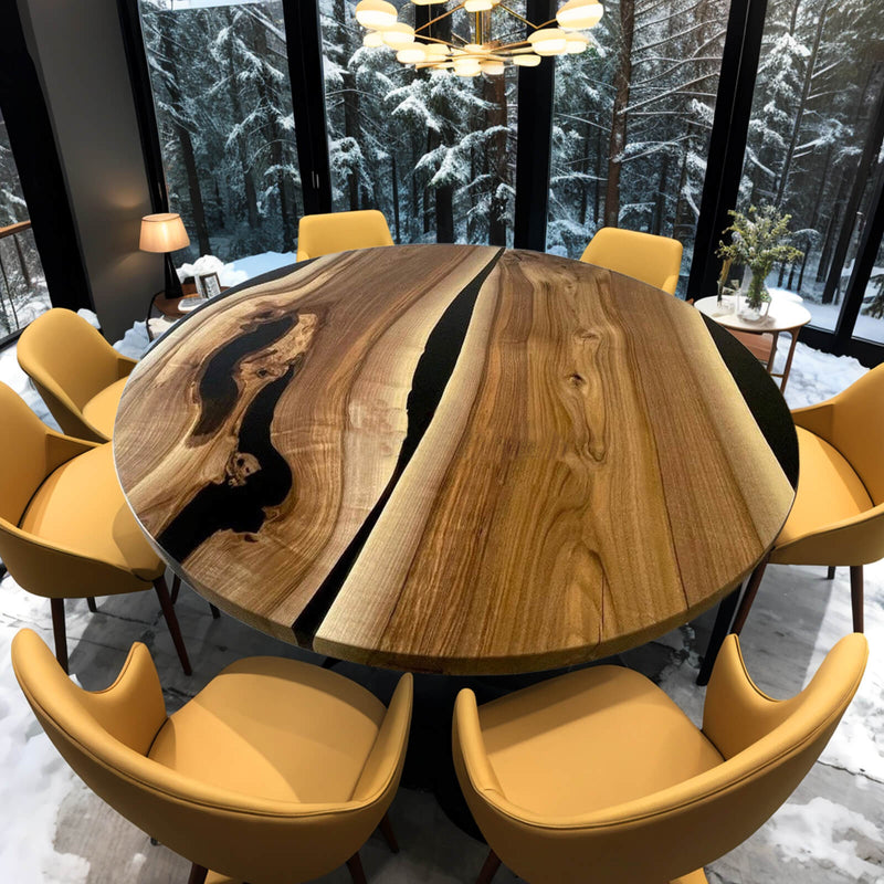 Custom Black Walnut Epoxy Resin Round Coffee Table Black Resin CRT-72