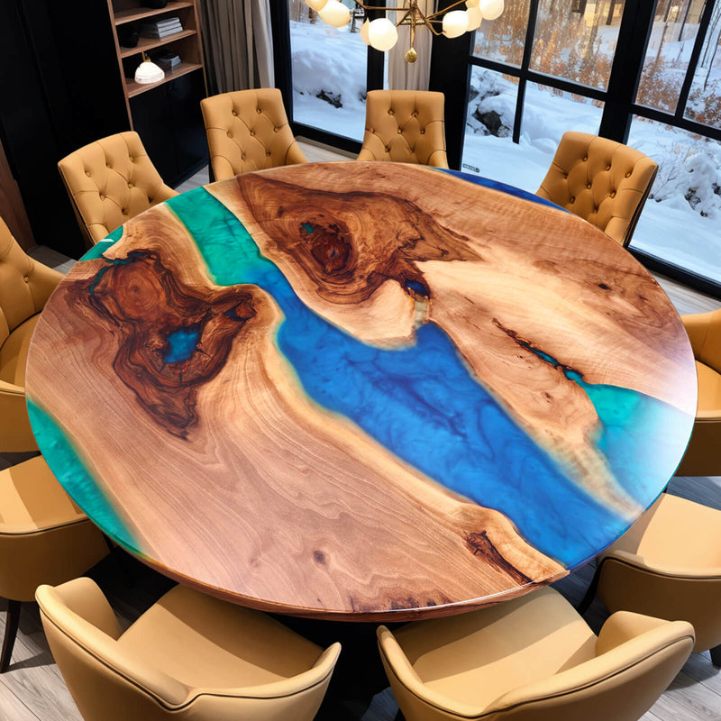 Custom Black Walnut Epoxy Resin Round Coffee Table Blue Green Waves CRT-61