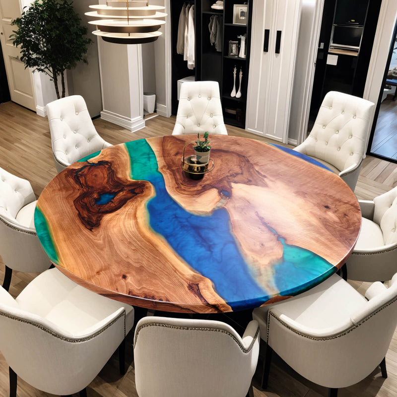 Custom Black Walnut Epoxy Resin Round Coffee Table Blue Green Waves CRT-61