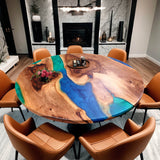 Custom Black Walnut Epoxy Resin Round Coffee Table Blue Green Waves CRT-61