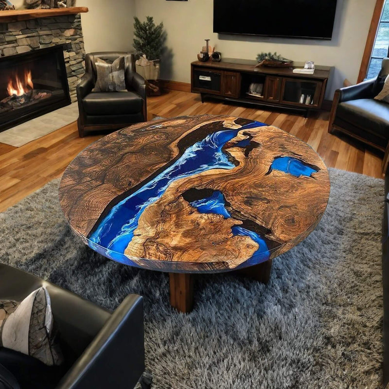 Custom Black Walnut Epoxy Resin Round Coffee Table Blue Resin CRT-80