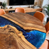 Custom Black Walnut Epoxy Resin Round Coffee Table Blue Resin CRT-73