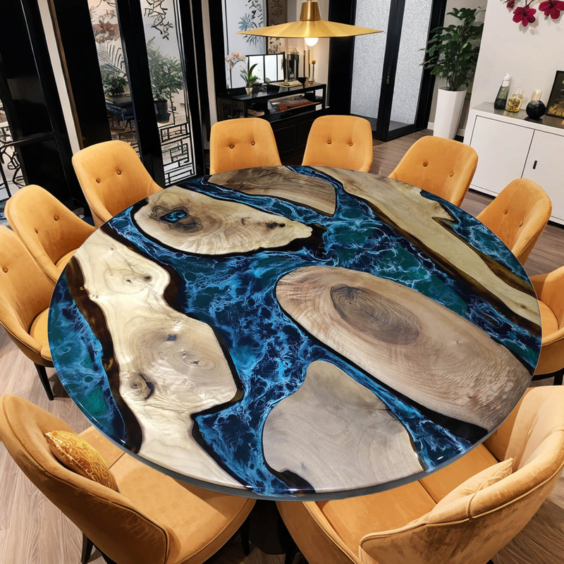 Custom Black Walnut Epoxy Resin Round Coffee Table Blue Resin CRT-75
