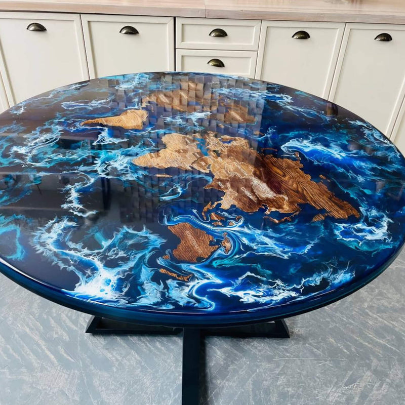 Custom Black Walnut Epoxy Resin Round Coffee Table Blue Waves CRT-77