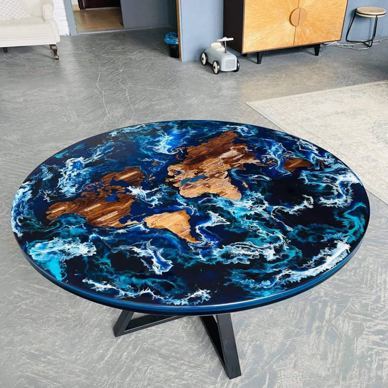 Custom Black Walnut Epoxy Resin Round Coffee Table Blue Waves CRT-77