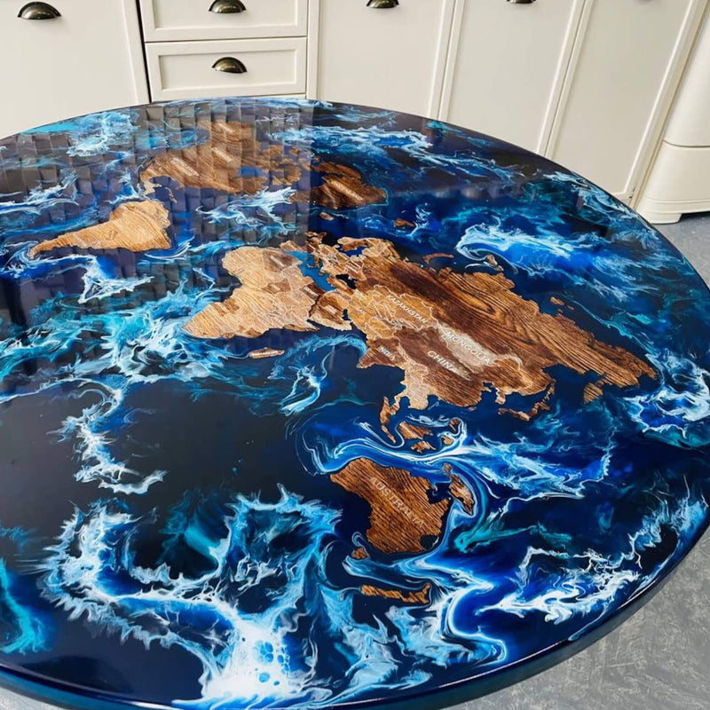 Custom Black Walnut Epoxy Resin Round Coffee Table Blue Waves CRT-77