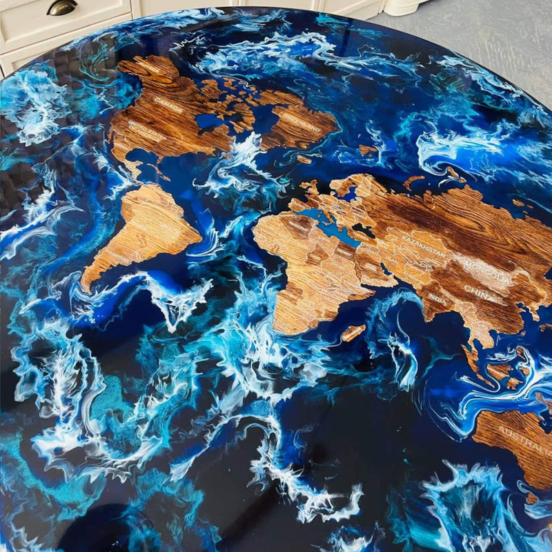 Custom Black Walnut Epoxy Resin Round Coffee Table Blue Waves CRT-77