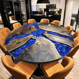 Custom Black Walnut Epoxy Resin Round Coffee Table Blue Waves CRT-76
