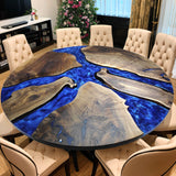Custom Black Walnut Epoxy Resin Round Coffee Table Blue Waves CRT-76