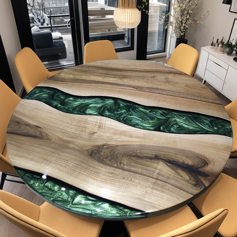 Custom Black Walnut Epoxy Resin Round Coffee Table Green Resin CRT-03