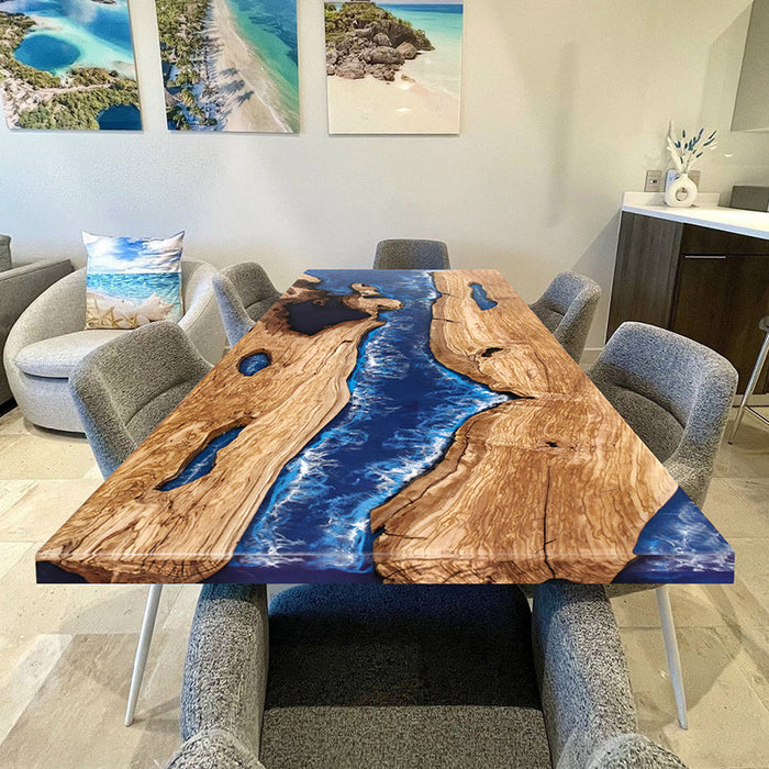 Custom Olive Blue Waves Epoxy Resin River Dining Table ORT-59