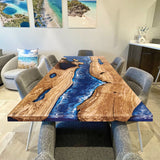 Custom Olive Blue Waves Epoxy Resin River Dining Table ORT-59