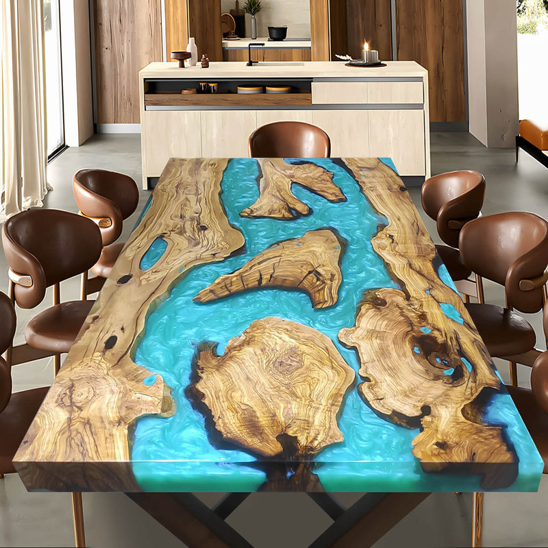Custom Olive Epoxy Resin River Table Blue Pearl ORT-46