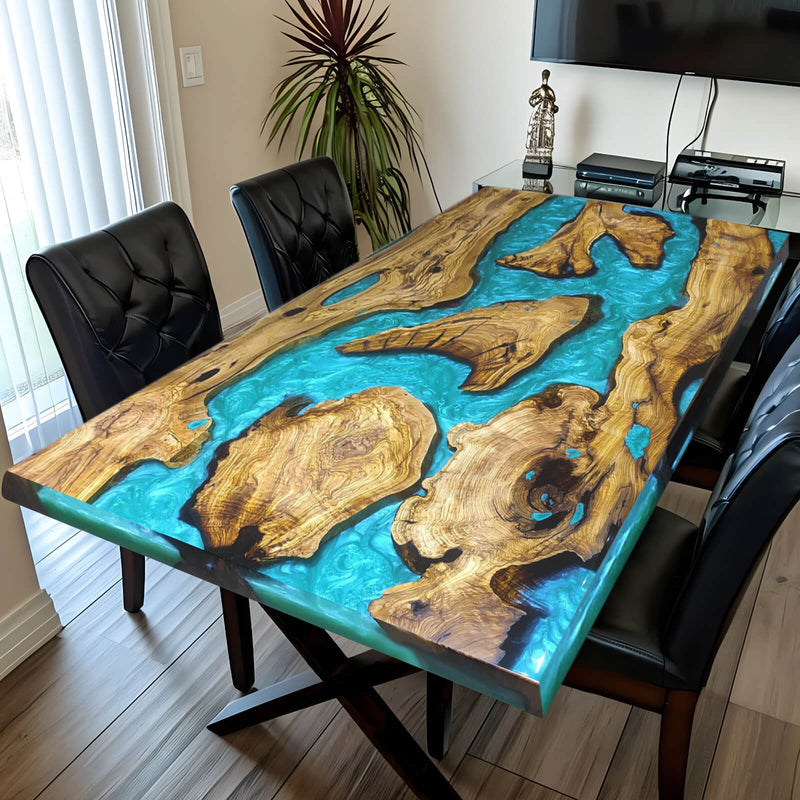 Custom Olive Epoxy Resin River Table Blue Pearl ORT-46