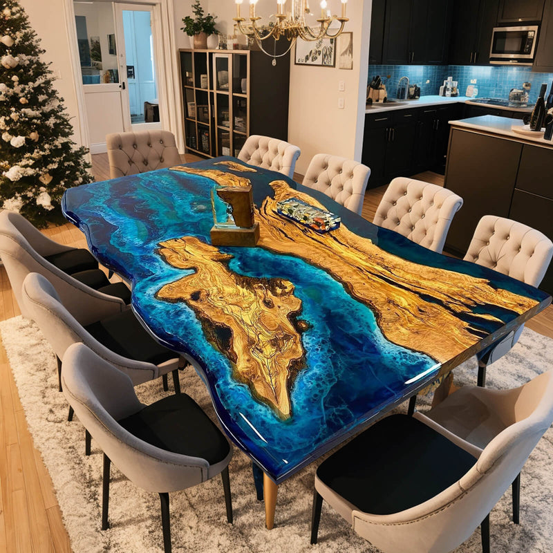 Custom Olive Epoxy Resin River Table Blue Resin ORT-16