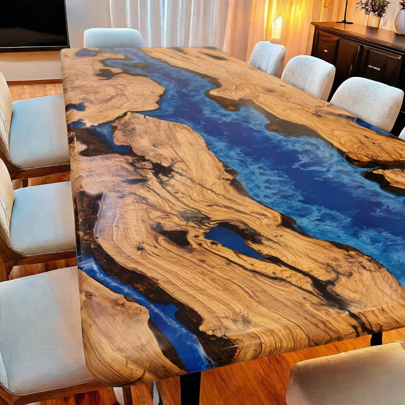 Custom Olive Epoxy Resin River Table Blue Waves ORT-18