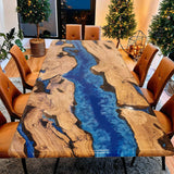 Custom Olive Epoxy Resin River Table Blue Waves ORT-18