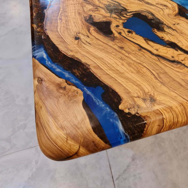 Custom Olive Epoxy Resin River Table Blue Waves ORT-18