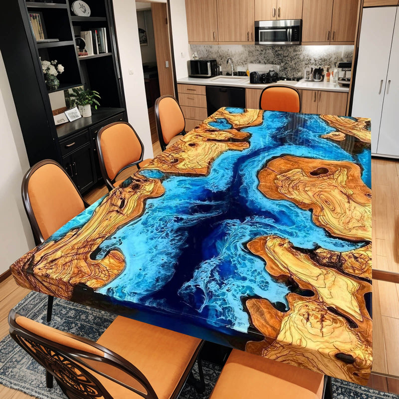 Custom Olive Epoxy Resin River Table Blue Waves ORT-11