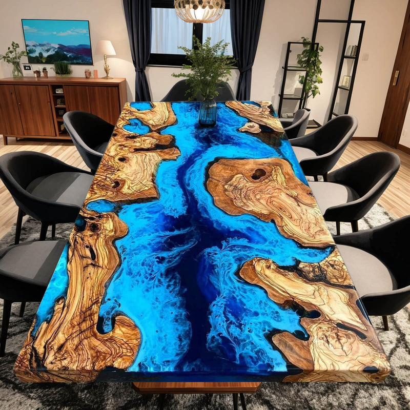 Custom Olive Epoxy Resin River Table Blue Waves ORT-11