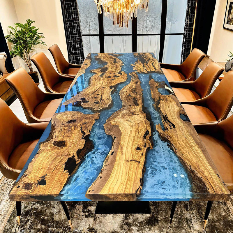Custom Olive Epoxy Resin River Table Blue Waves ORT-21